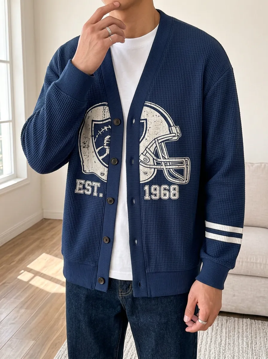Men's Football Lover Helmet 1968 Printed Waffle Cardigan
