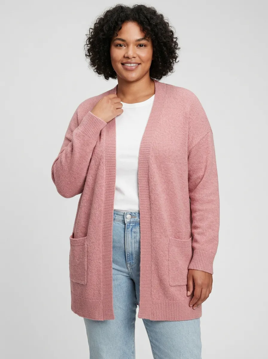 Women's Pink A1 Solid Color Open Front Knit Cardigan