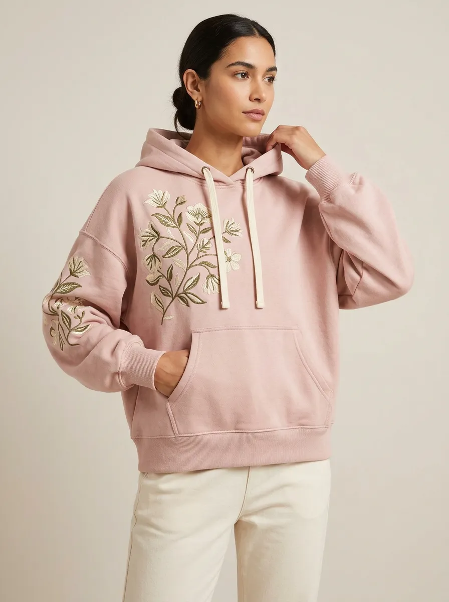 Women's Dusty Pink Floral Embroidered Hoodie