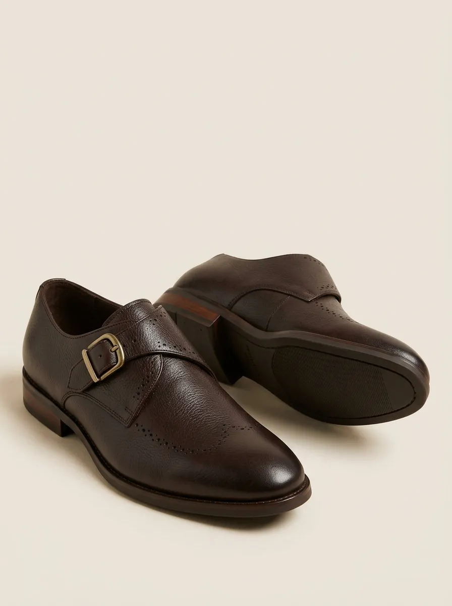 Men's Leather Brogue Monk Strap Dress Shoes