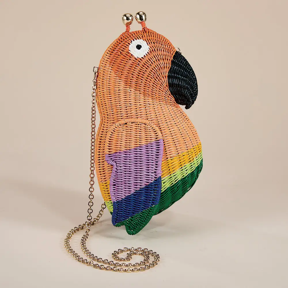 Wicker Hand-Painted Parrot Motif Clutch Bag