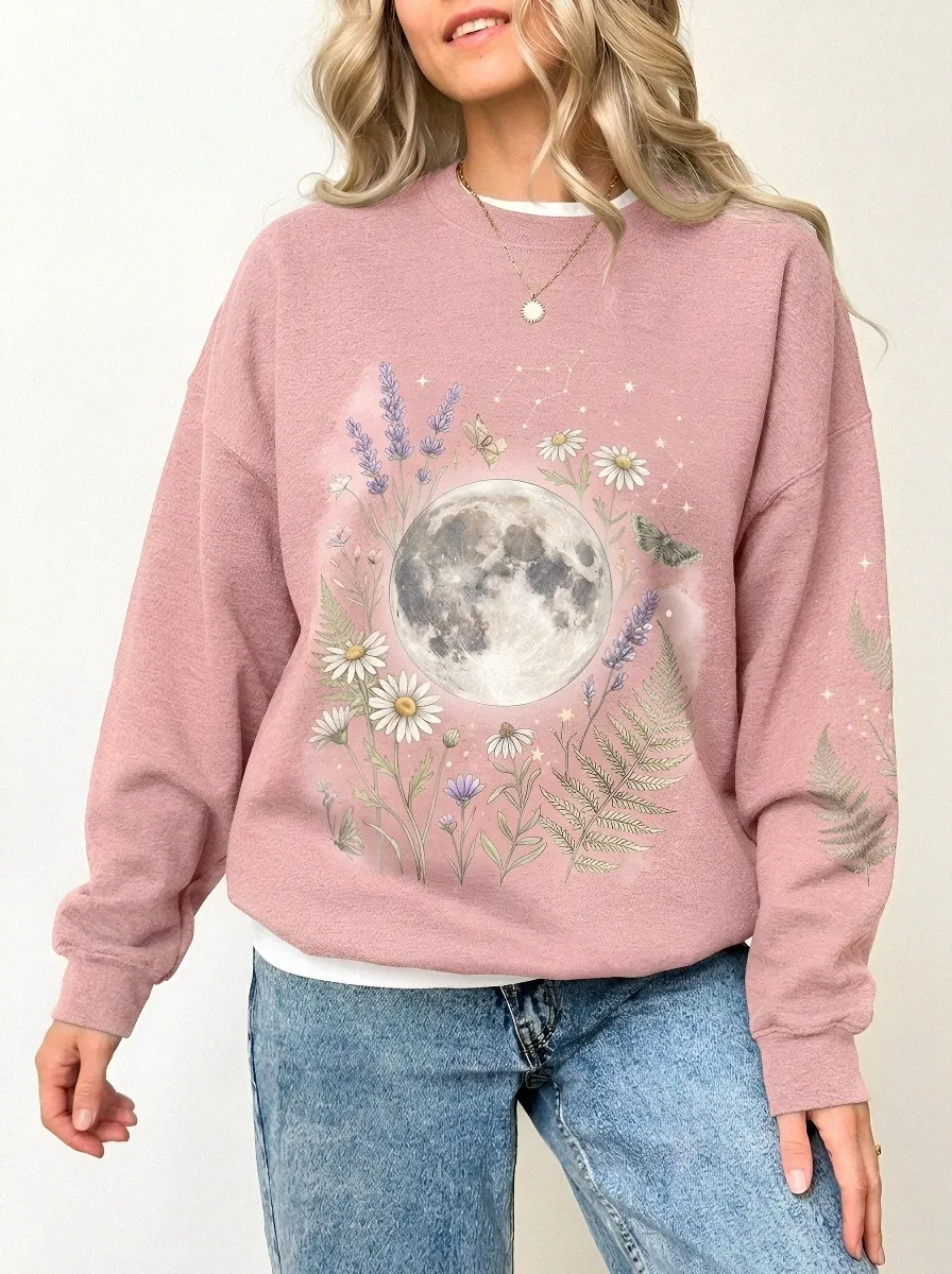 Women's Celestial Nature Lover Moon Floral Fern Printed Sweatshirt
