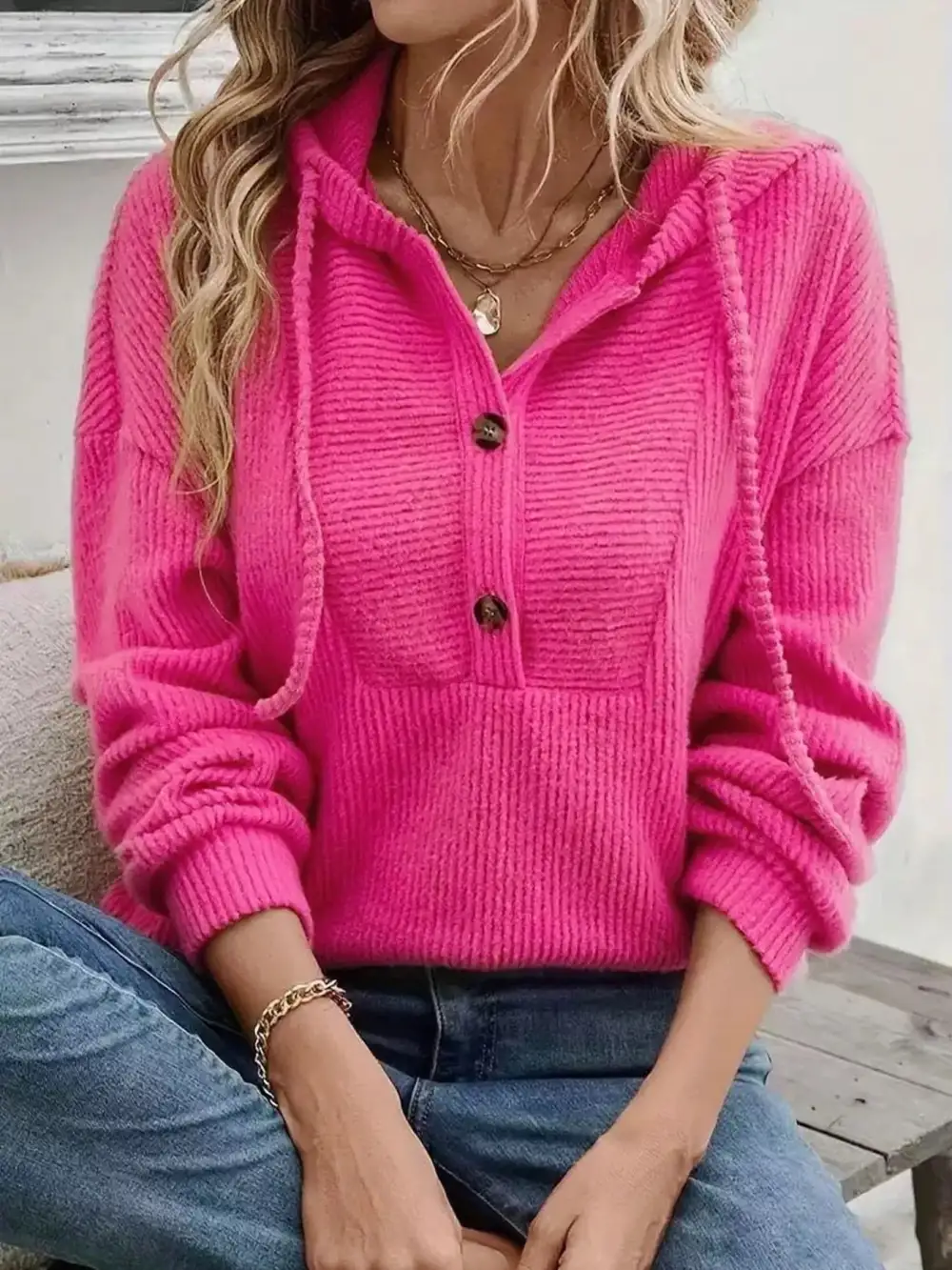 Drawstring Buttoned Pocketed Hoodie