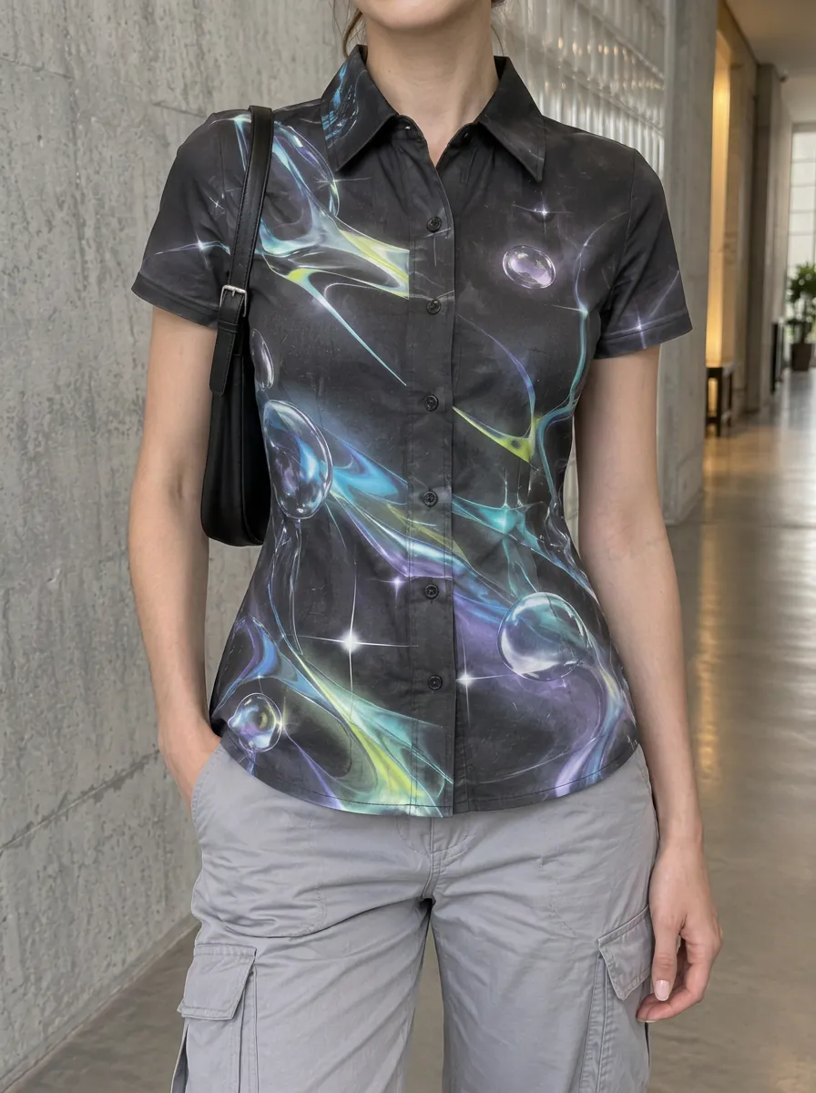 Women's Dynamic Y2K Aesthetic Abstract Bubble Button-Up Shirt