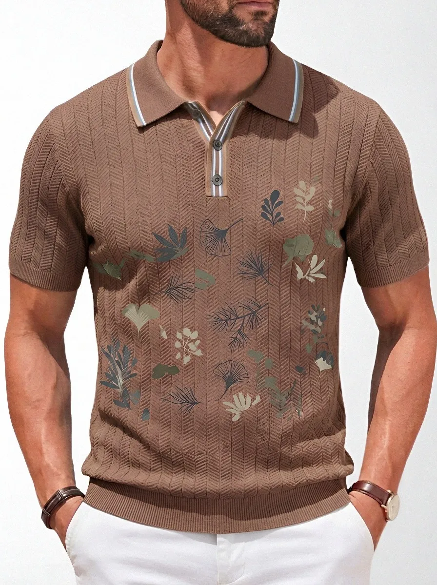 Men's Botanical Leaf Pattern Printed Polo Shirt