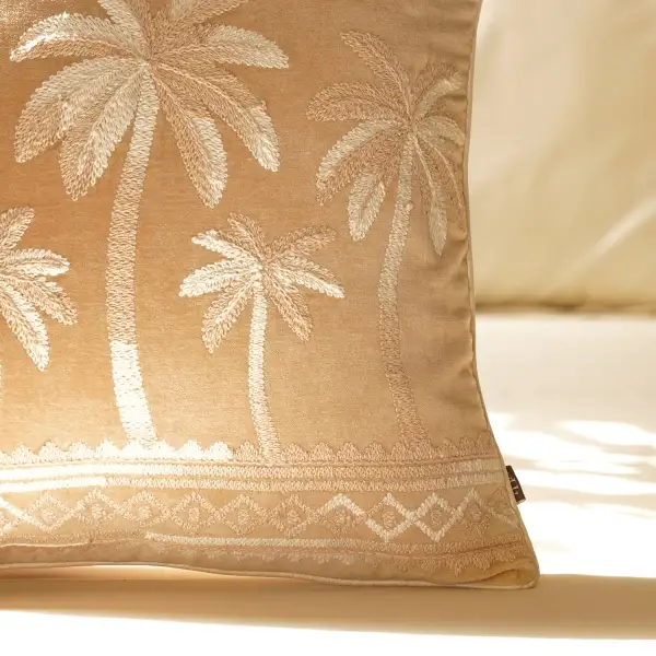 Beige Palm Embroidered Cushion Cover