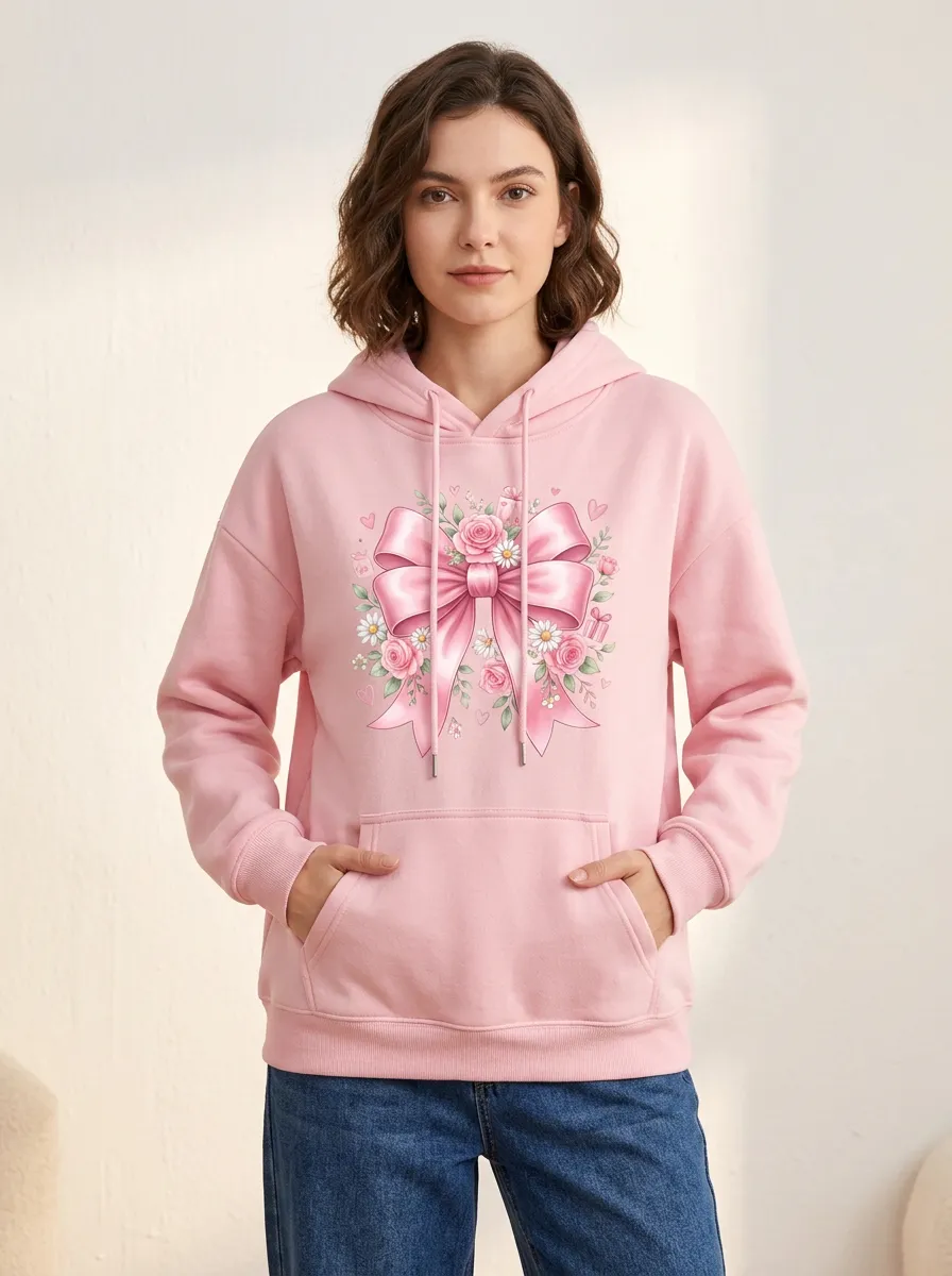 Women's Petal Pink Bow Floral Breast Cancer Awareness Hoodie