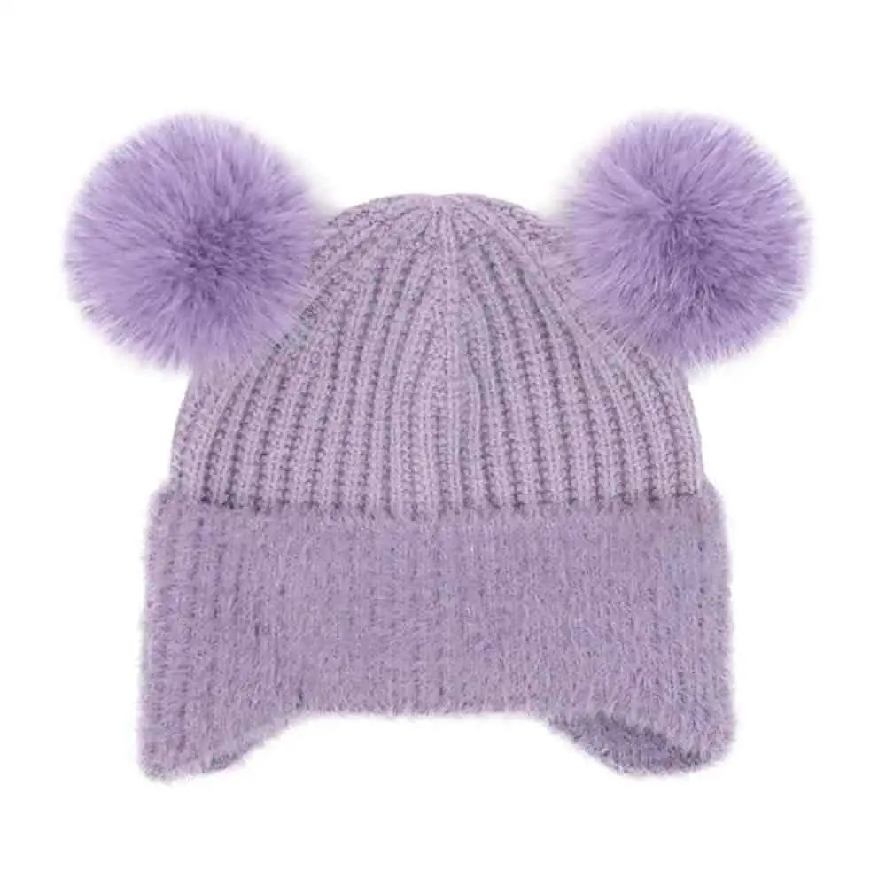 Faux Fur Earflap Double Pom Beanie