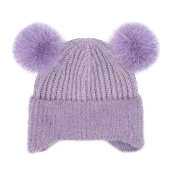 Faux Fur Earflap Double Pom Beanie