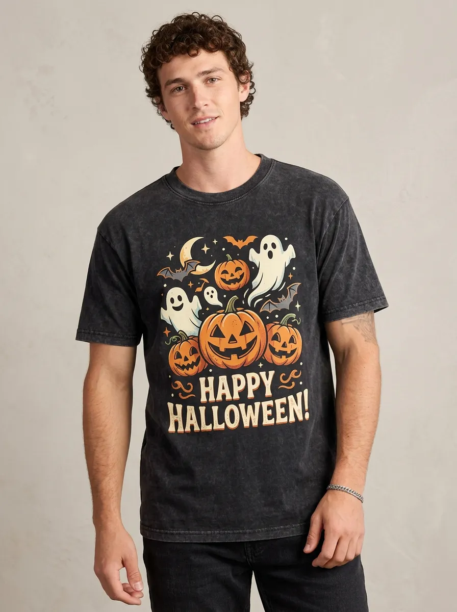 Men's Halloween Pumpkin Ghost Happy Halloween Printed T-shirt