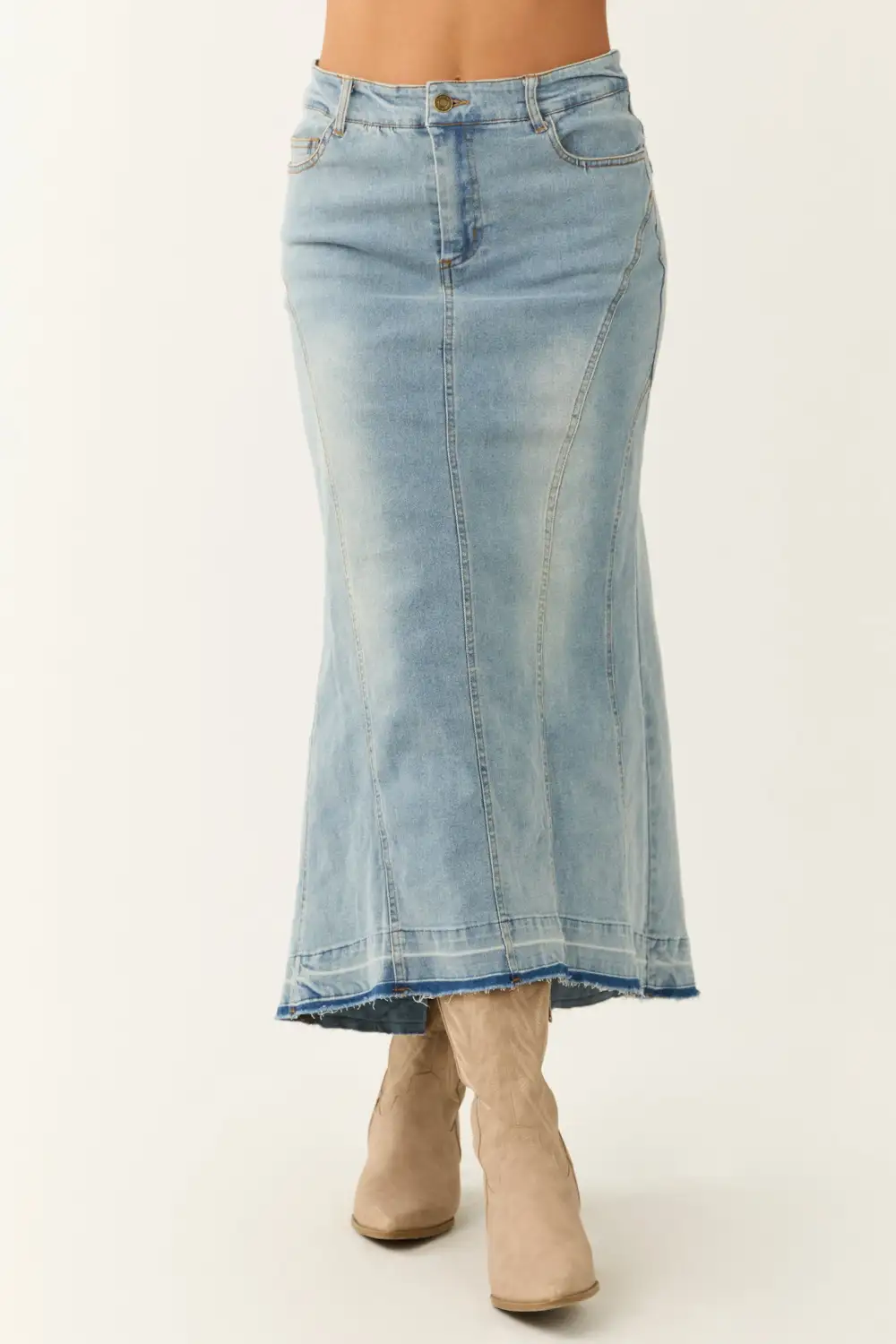 Medium Wash Denim High Low Maxi Skirt