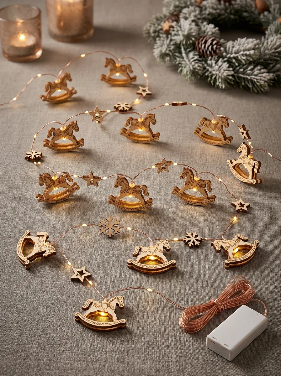 Wooden Rocking Horse Snowflake Christmas LED String Lights