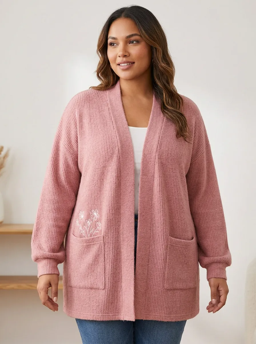 Pink Modern Floral Minimalist Embroidered Ribbed Cardigan