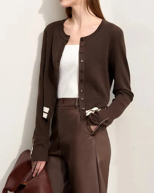 Wool Silk-Blend Button-Front Crew-Neck Cardigan