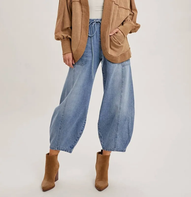 Blue Drawstring Barrel Jeans