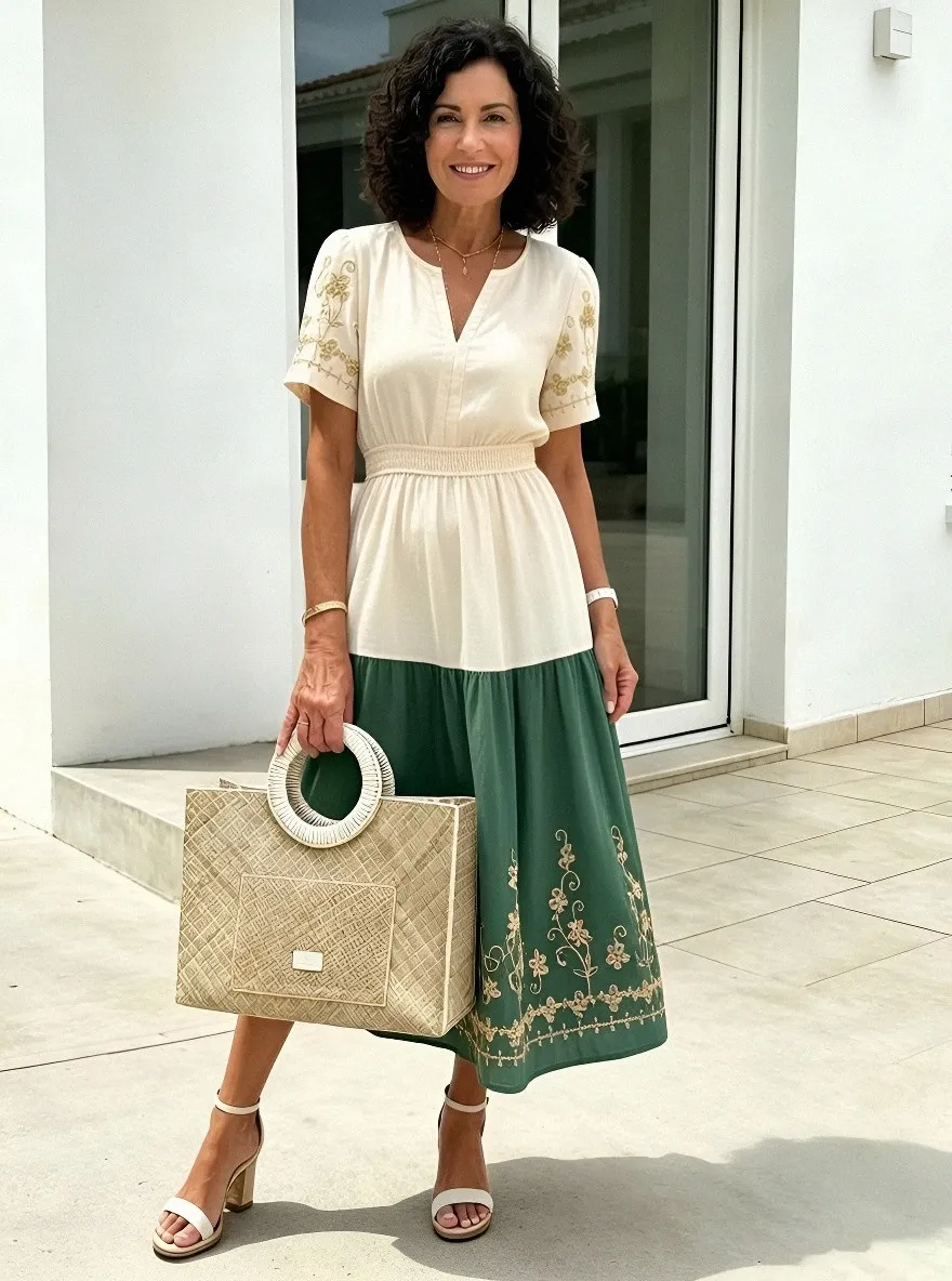 Women's Summer Vacation Green Floral Embroidery Printed Dress