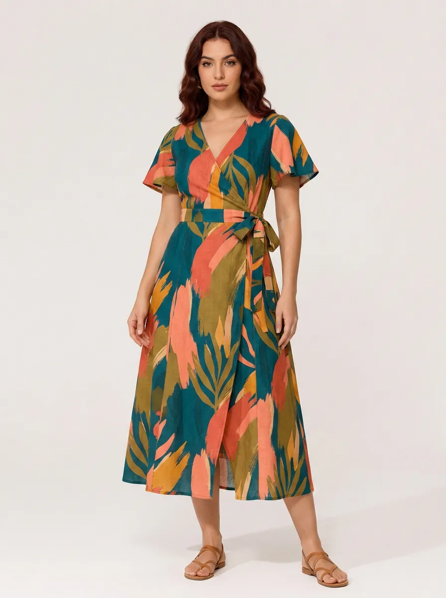 Women's Boho Tropical Leaf Abstract Printed Wrap Dress