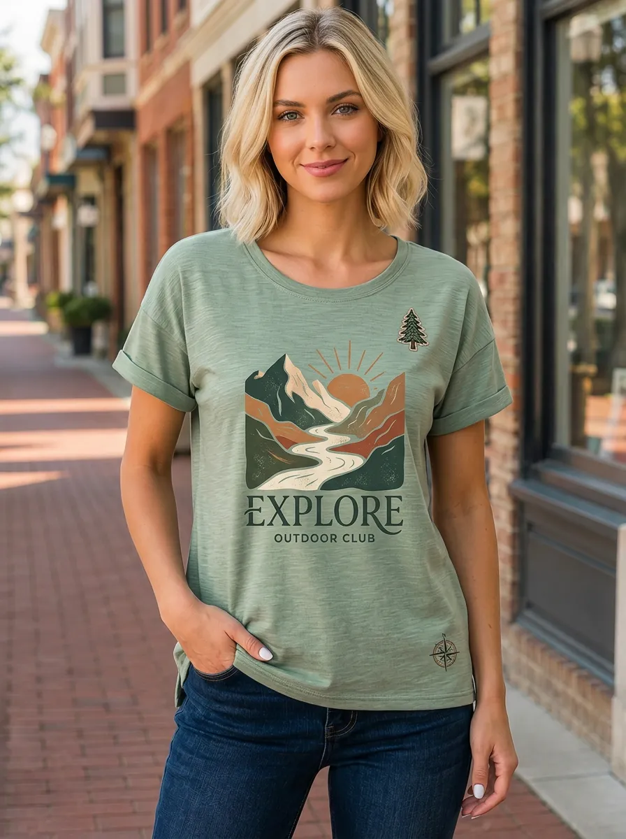 Women's Outdoor Lover Explore Mountain Sunset Printed T-shirt