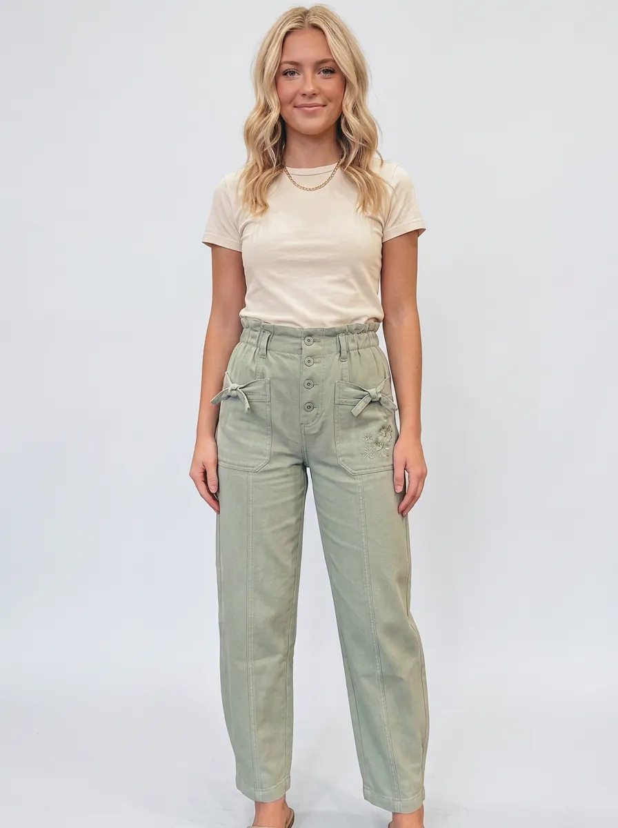Women's Western Boho Floral Embroidered Sage Green Printed Pants