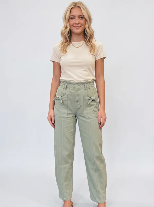 Women's Western Boho Floral Embroidered Sage Green Printed Pants