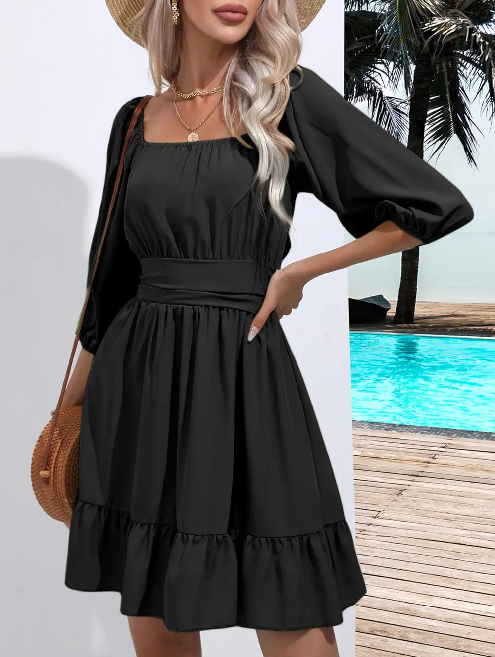 Square Neckline Ruffled Tie Up Mini Dress