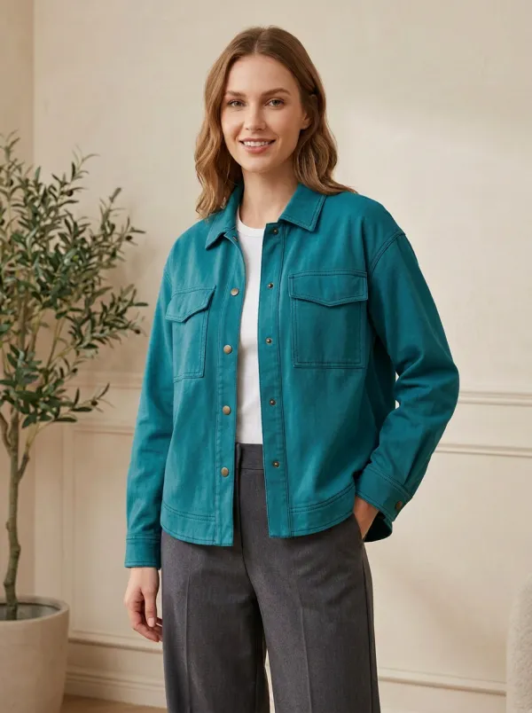 Women's Casual Sage Green Button-Down Utility Pocket Jacket