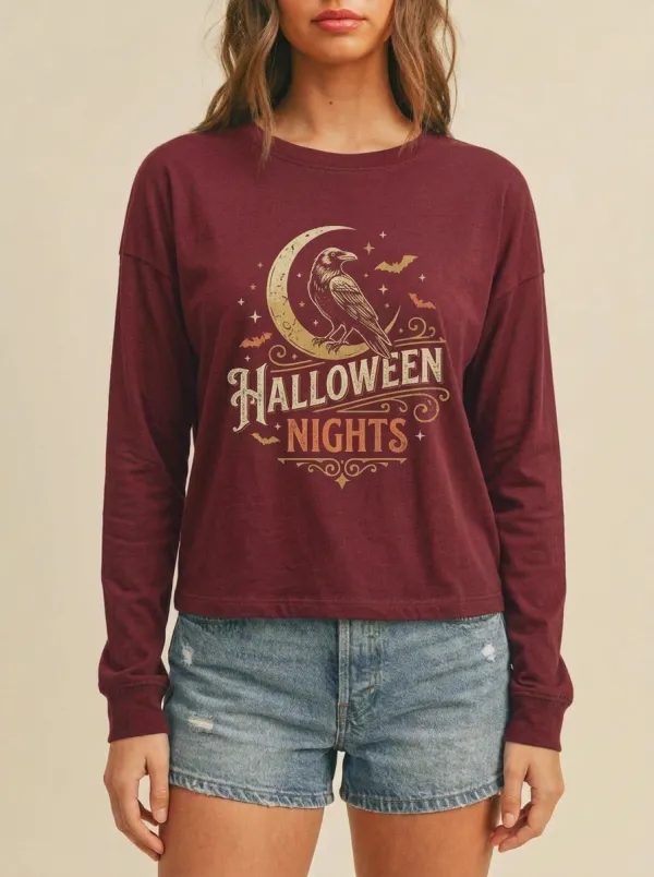 Women's Halloween Raven Moon Bats Printed Long Sleeve T-shirt