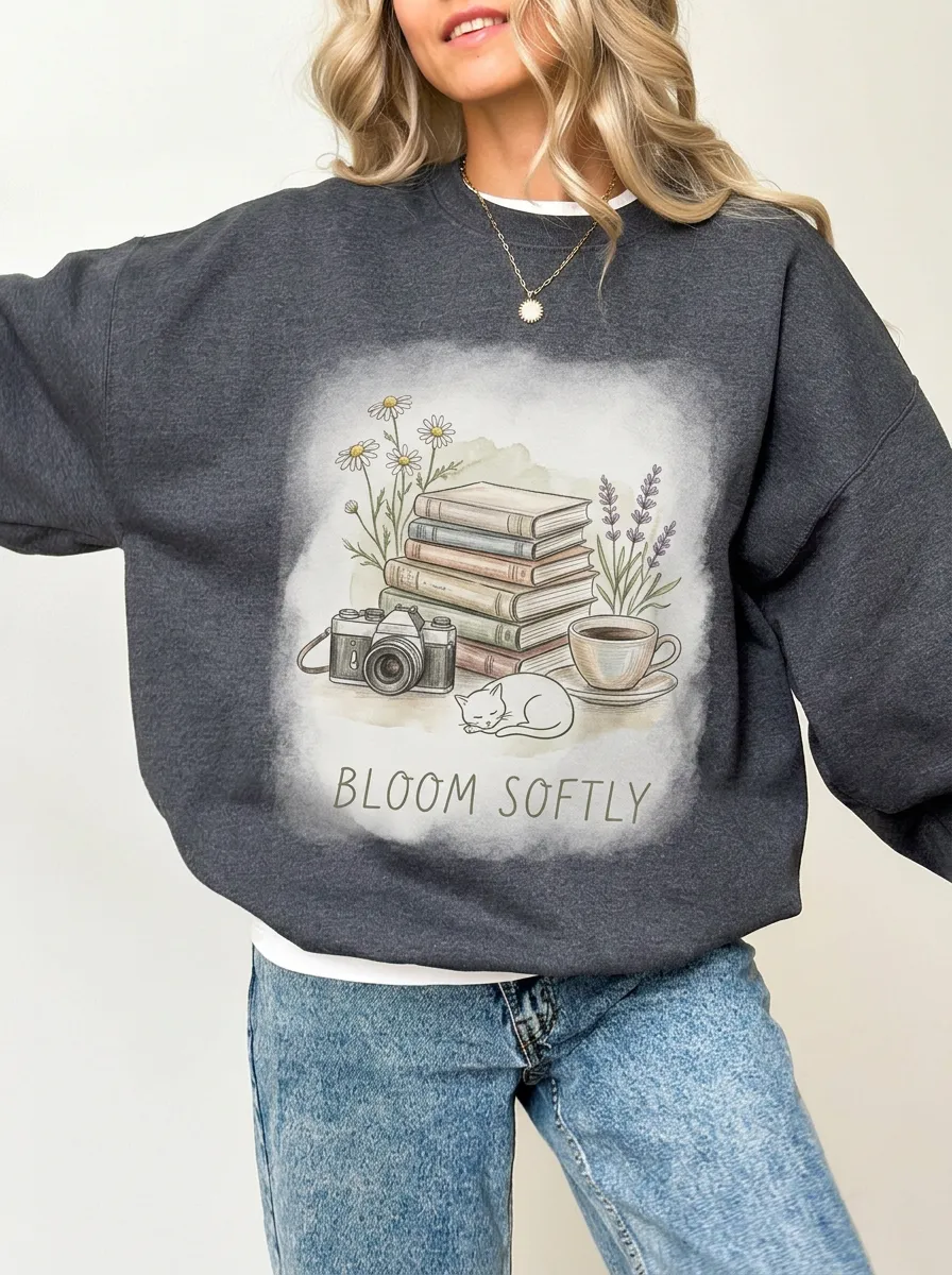 Women's Book Lover Cat Camera Floral Printed Sweatshirt