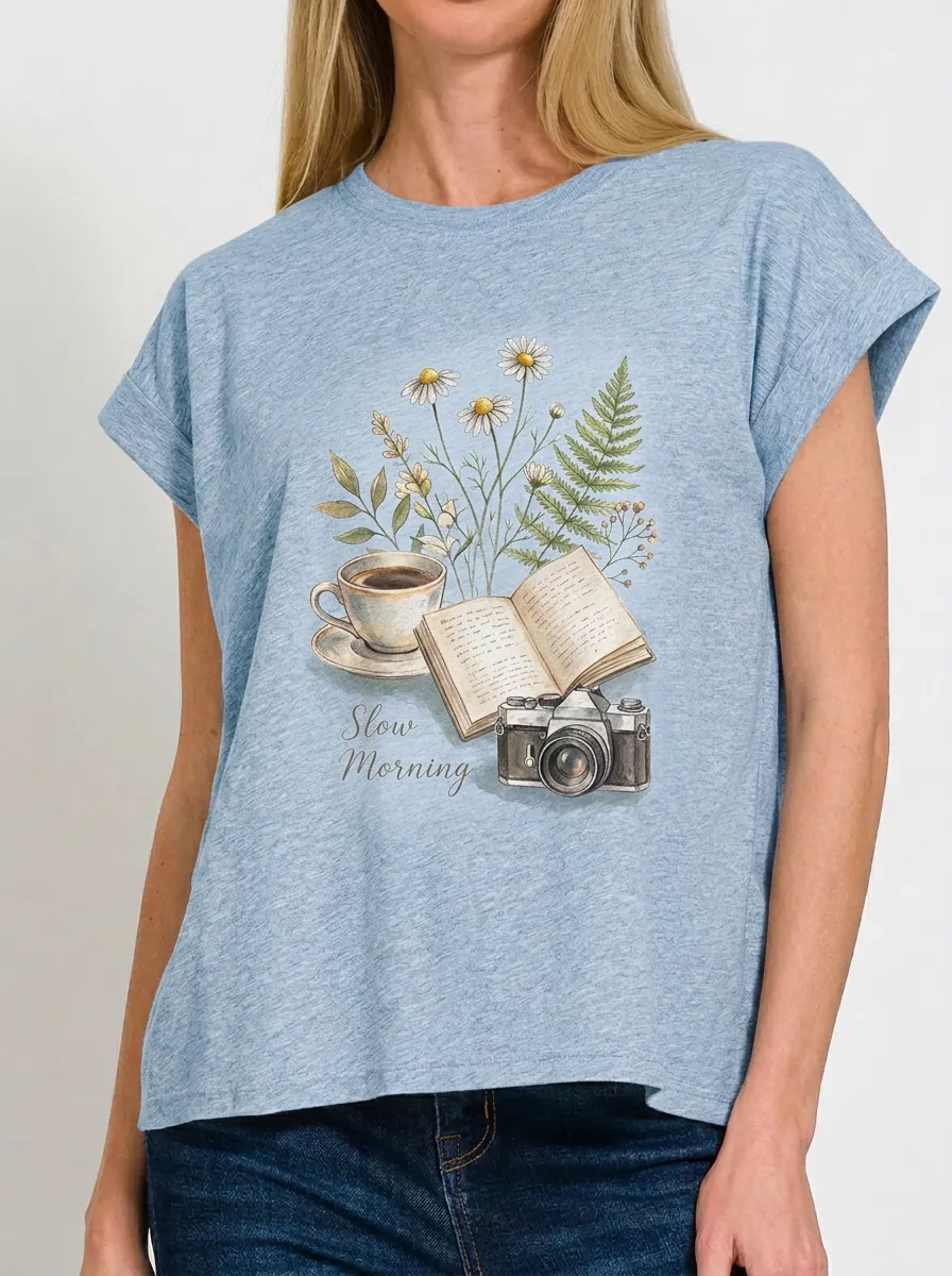 Women's Book Coffee Camera Floral Slow Morning Printed T-shirt