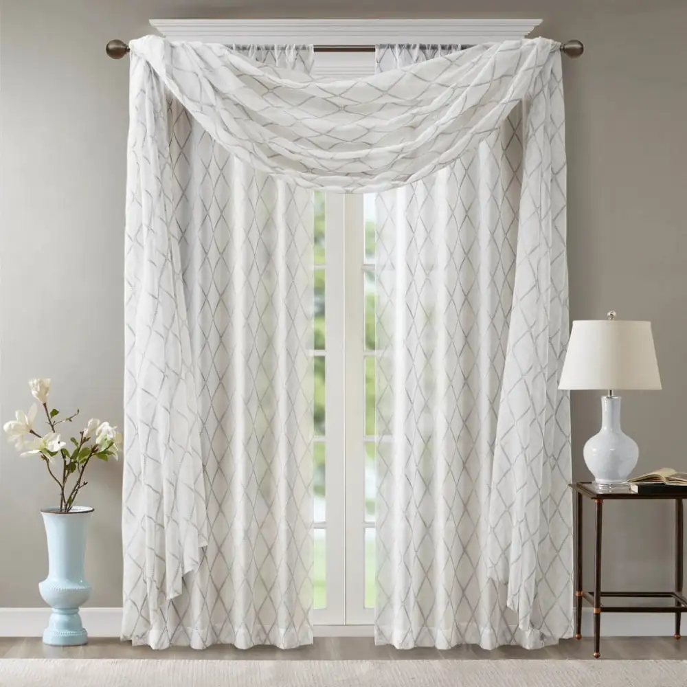 Refined Sheer Polyester Diamond Embroidered Window Scarf