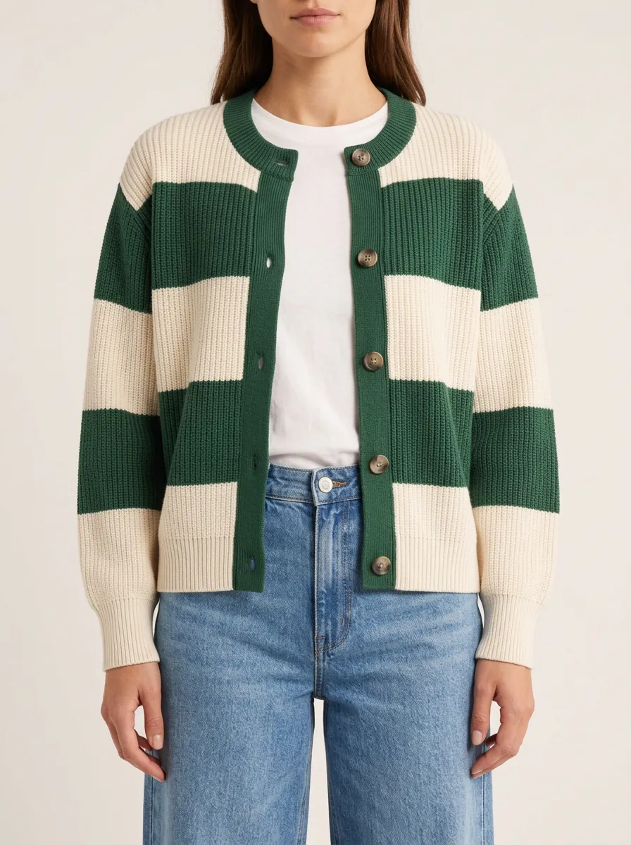 Traditional Distinctive Rugby Striped Knit Cardigan