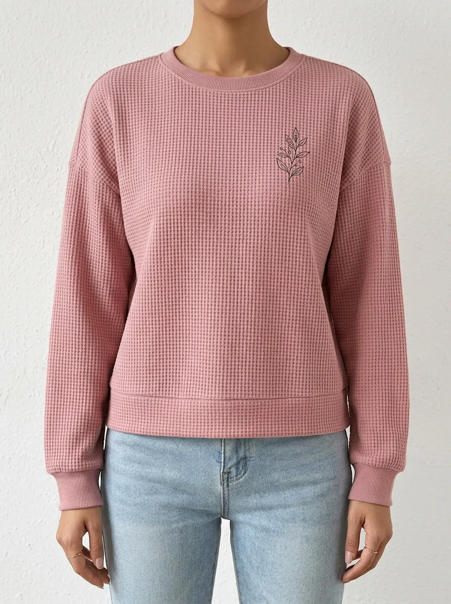 Women's Minimalist Botanical Leaf Printed Waffle Knit Sweatshirt
