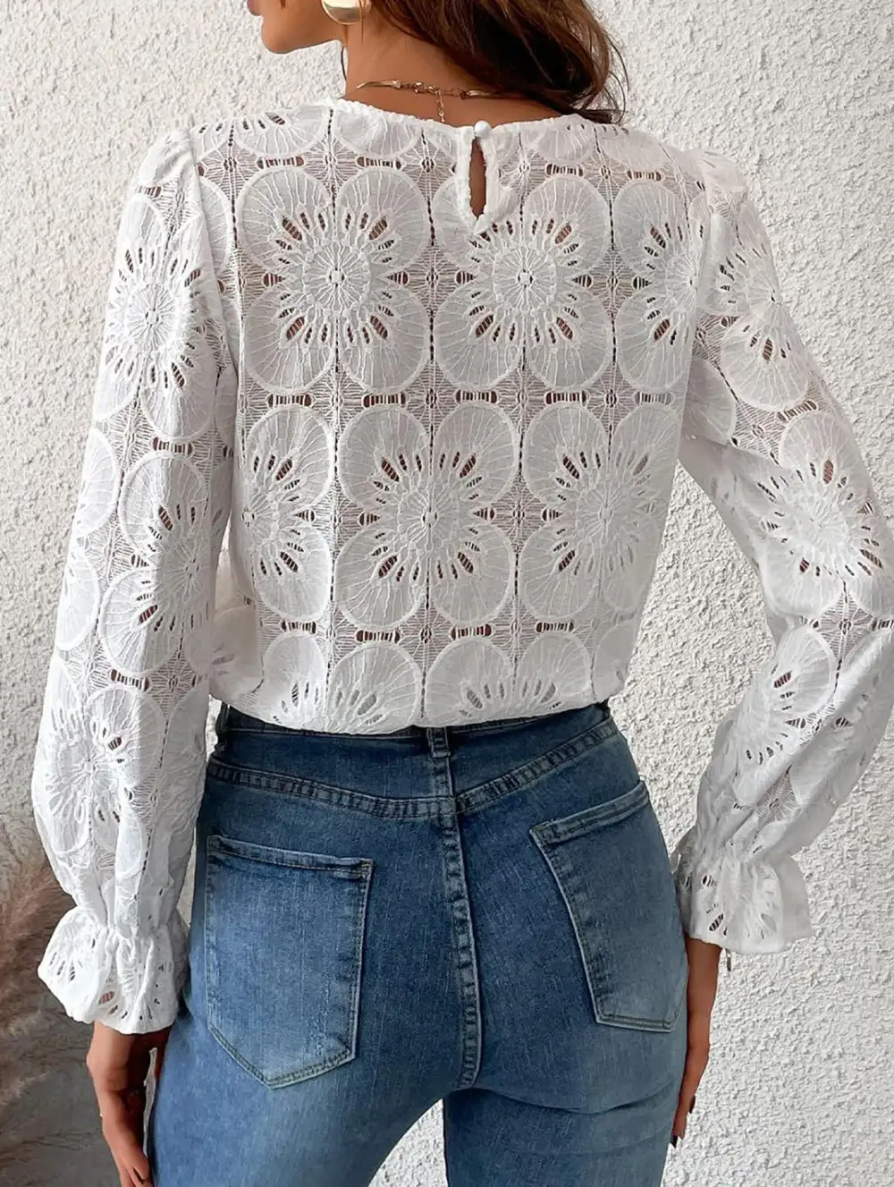 Openwork Lace Long Sleeve Blouse