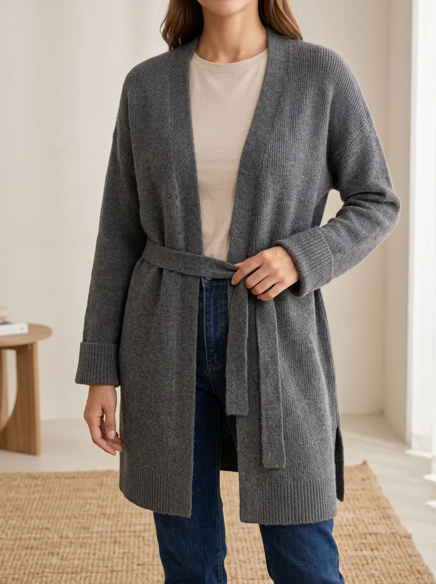 Women's Relaxed Ribbed Knit Open Front Dropped Shoulder Cardigan