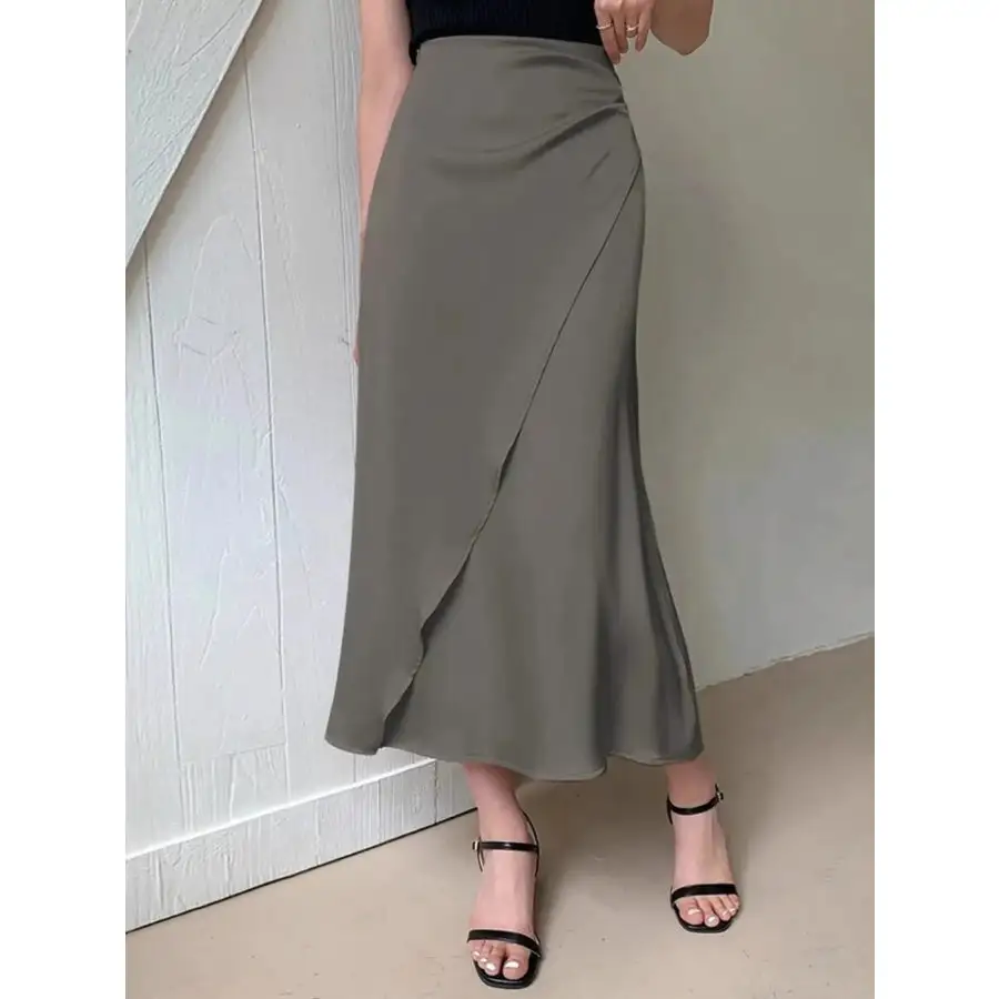 Asymmetric Wrap Midi Skirt with Fluted Hem