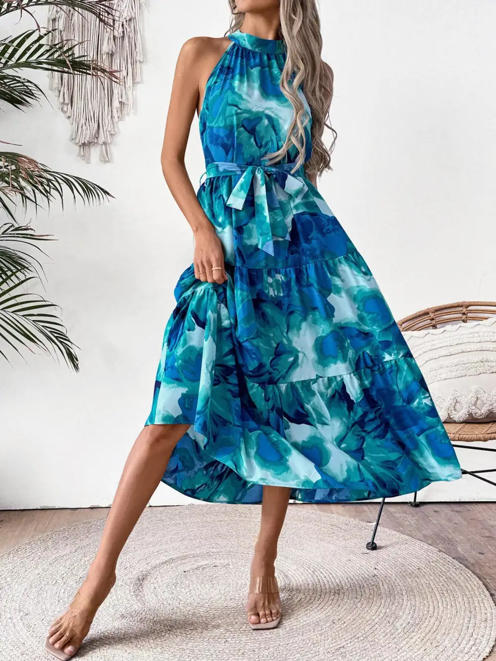 Tie-Waist Tiered Midi Dress
