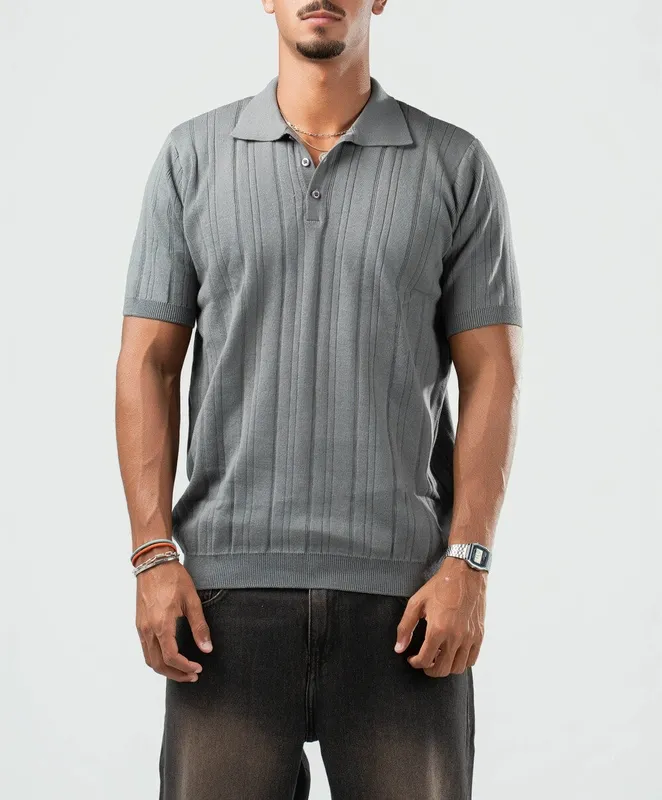 Grey Ribbed Knit Polo Shirt