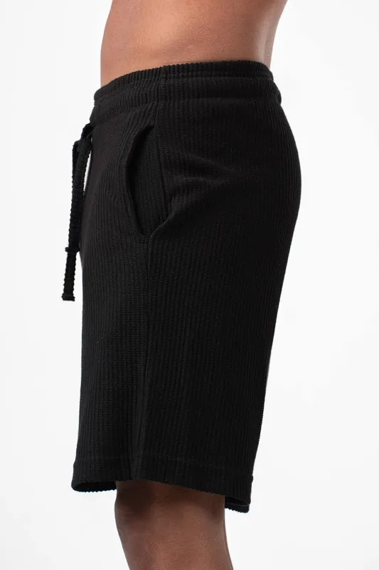 Black Textured Pull On Shorts