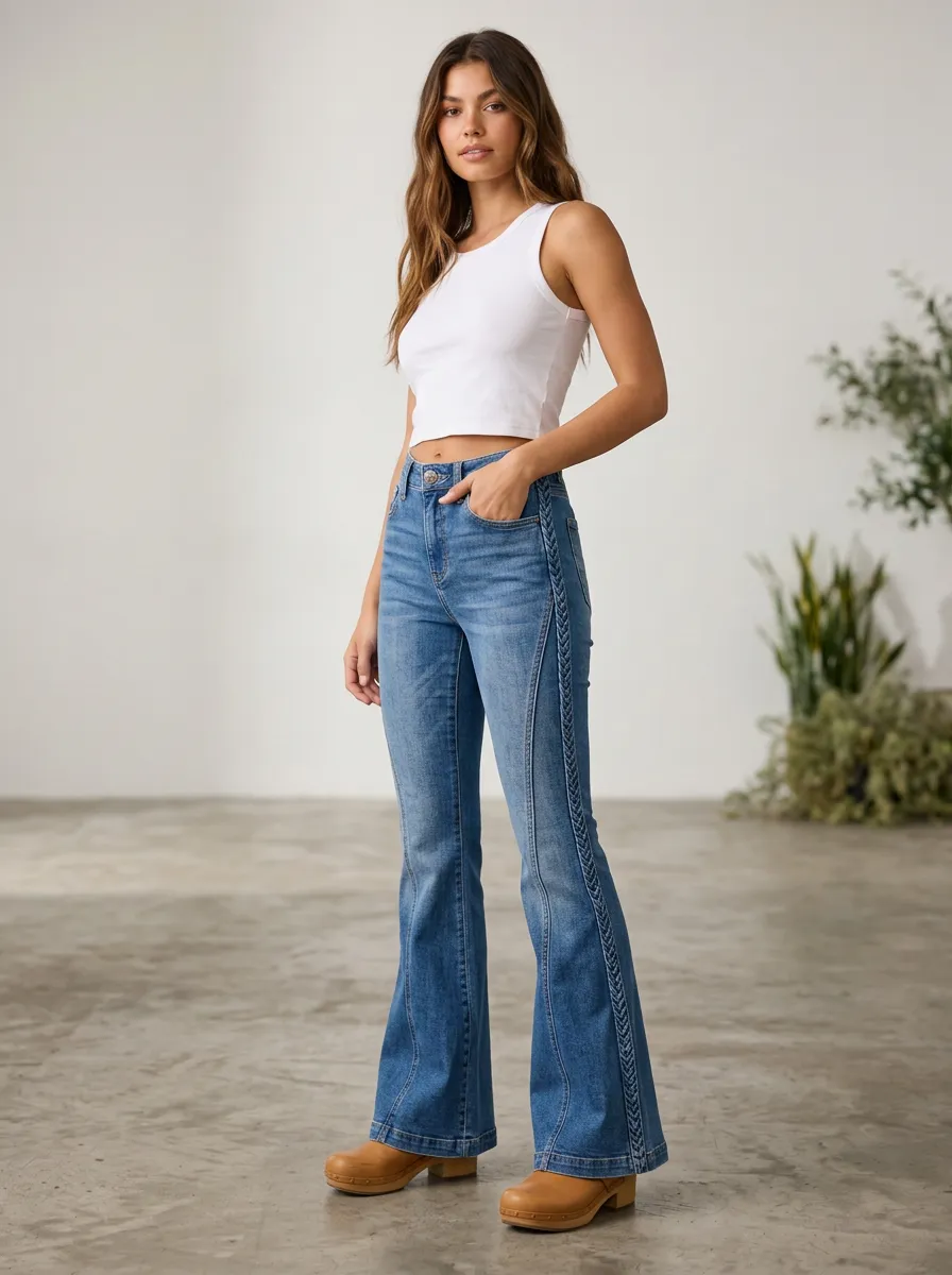 Women's Vintage Style Braided Side Detail High Waisted Flare Jeans