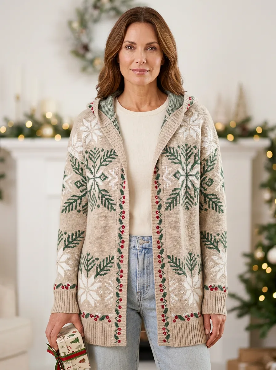 Christmas Snowflake Pattern Knit Hooded Cardigan