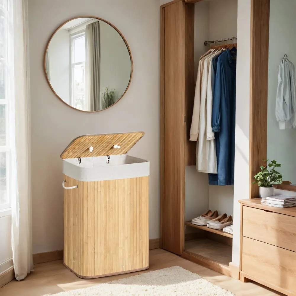 Lidded Bamboo Foldable Laundry Storage Hamper
