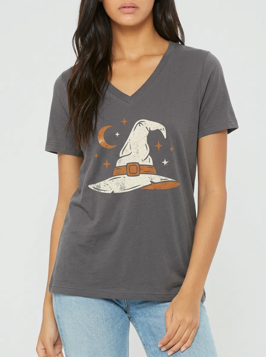 Women's Halloween Witch Hat Moon Stars Printed V-neck T-shirt