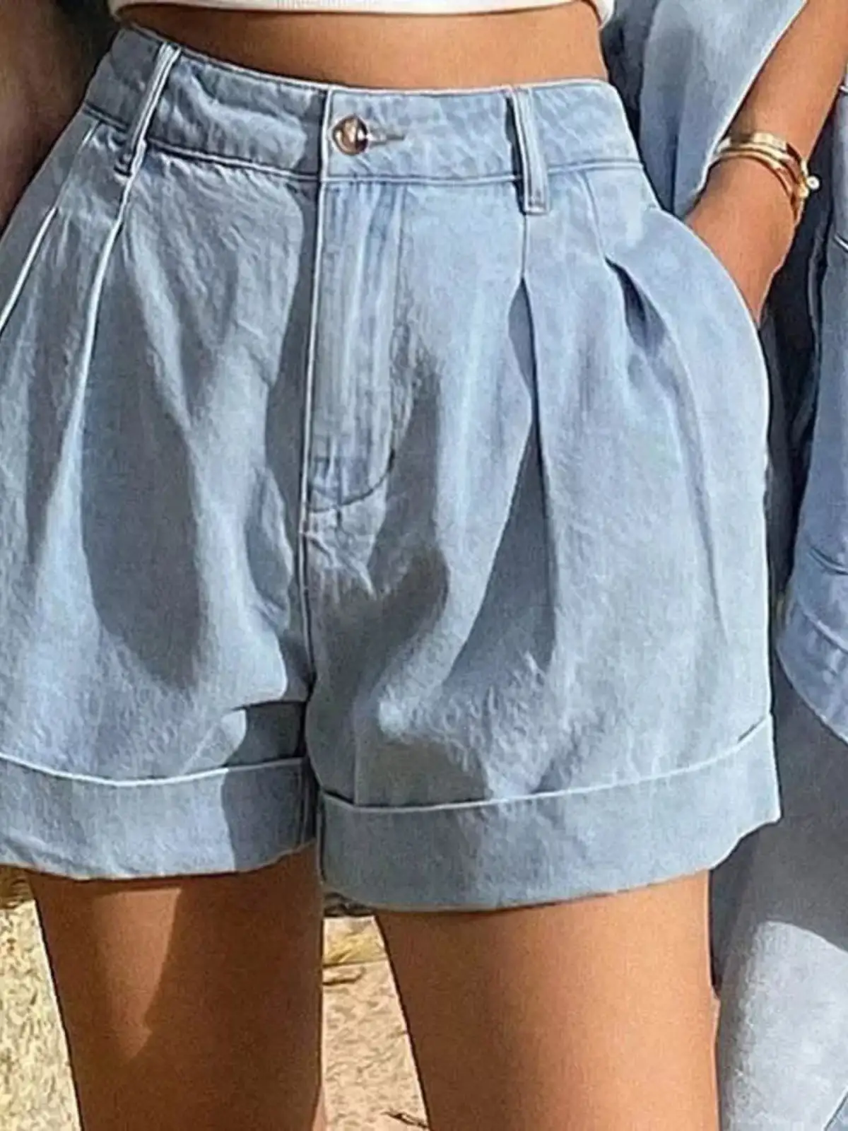 Pocketed Denim Cotton Shirt and Shorts Matching Set
