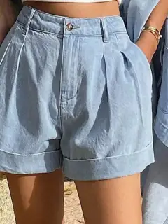 Pocketed Denim Cotton Shirt and Shorts Matching Set