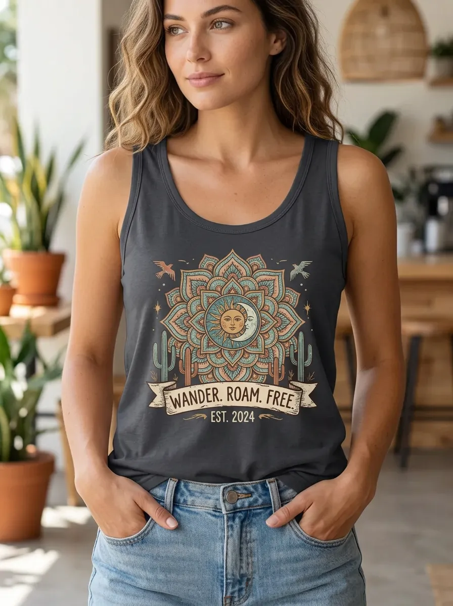 Boho Wanderer Sun Moon Mandala Cactus Tank Top