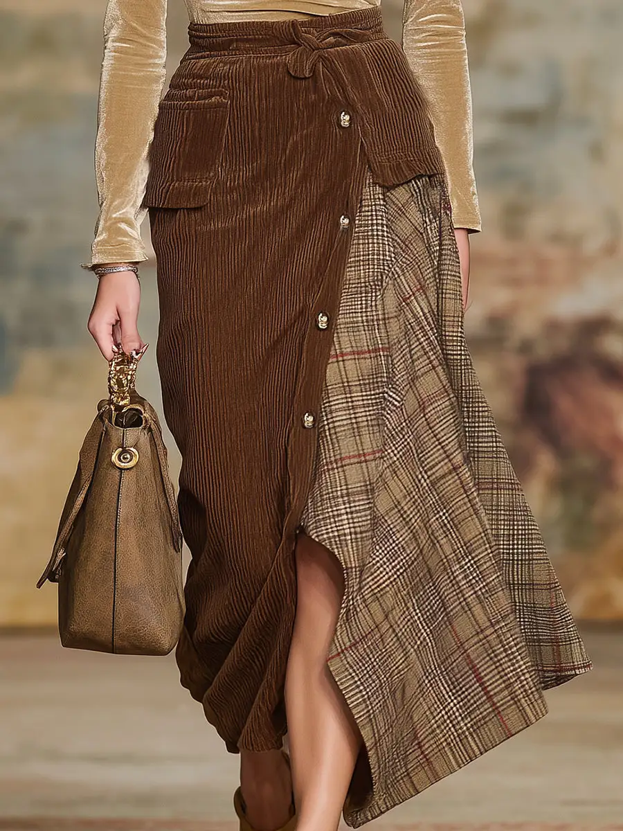 Patchwork Corduroy Plaid Skirt