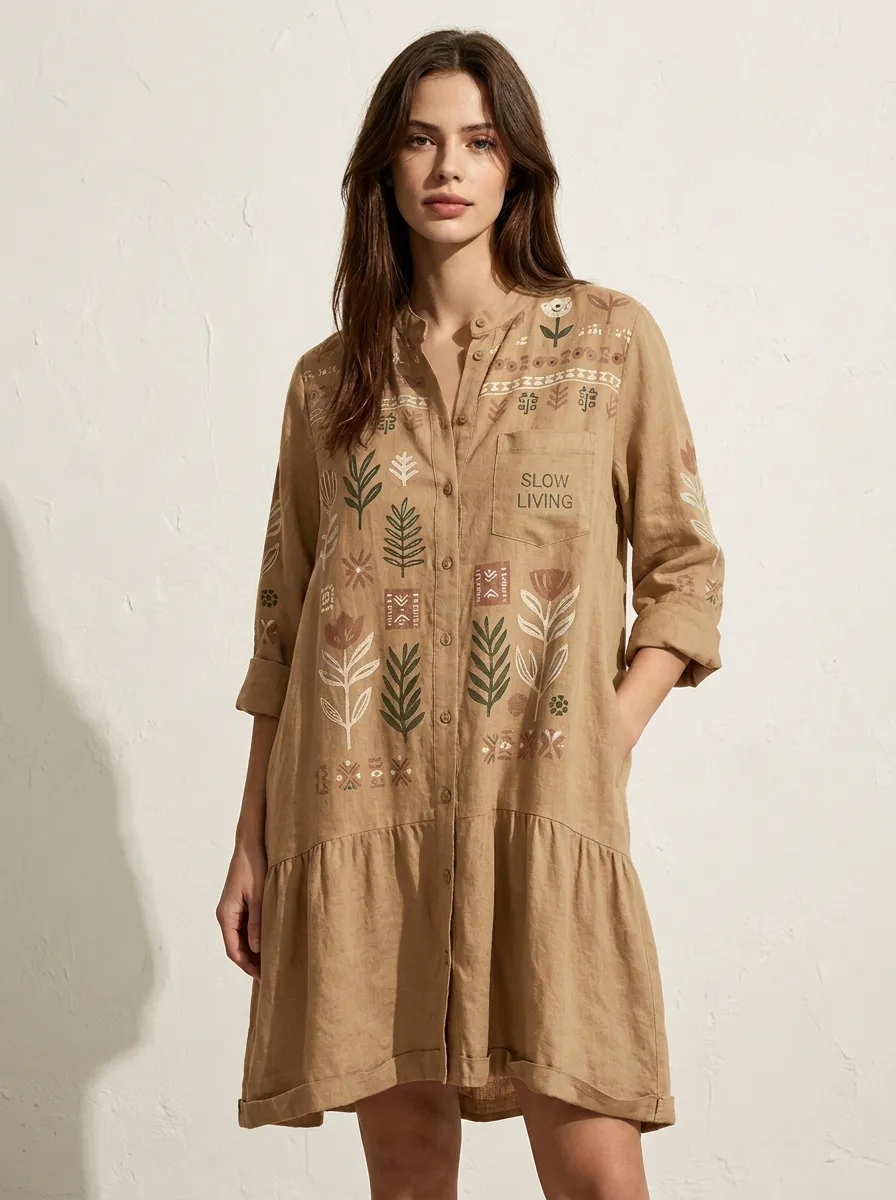Slow Living Botanical Floral Shirt Dress