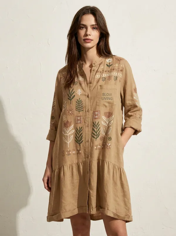 Slow Living Botanical Floral Shirt Dress