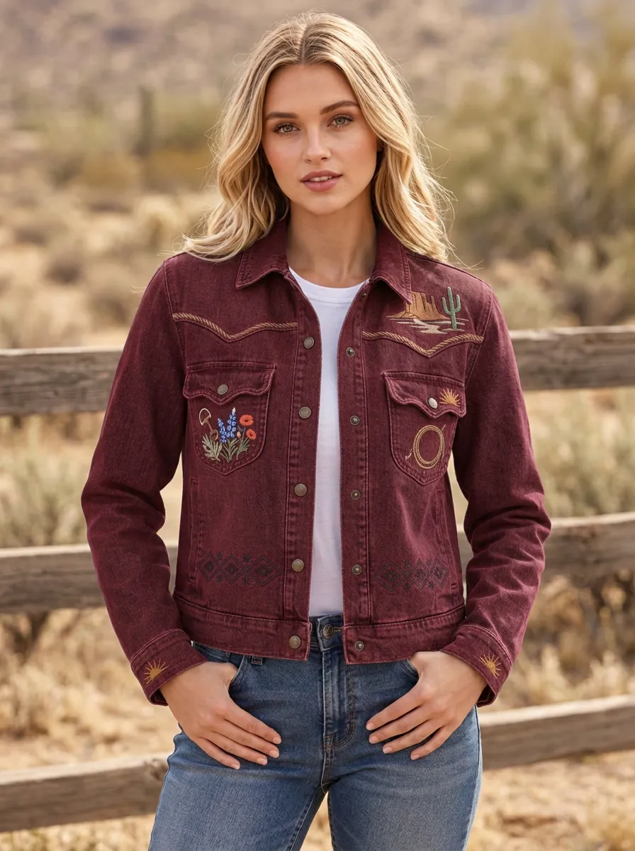 Women's Western Cactus Desert Floral Embroidery Floral Embroidered Denim Jacket