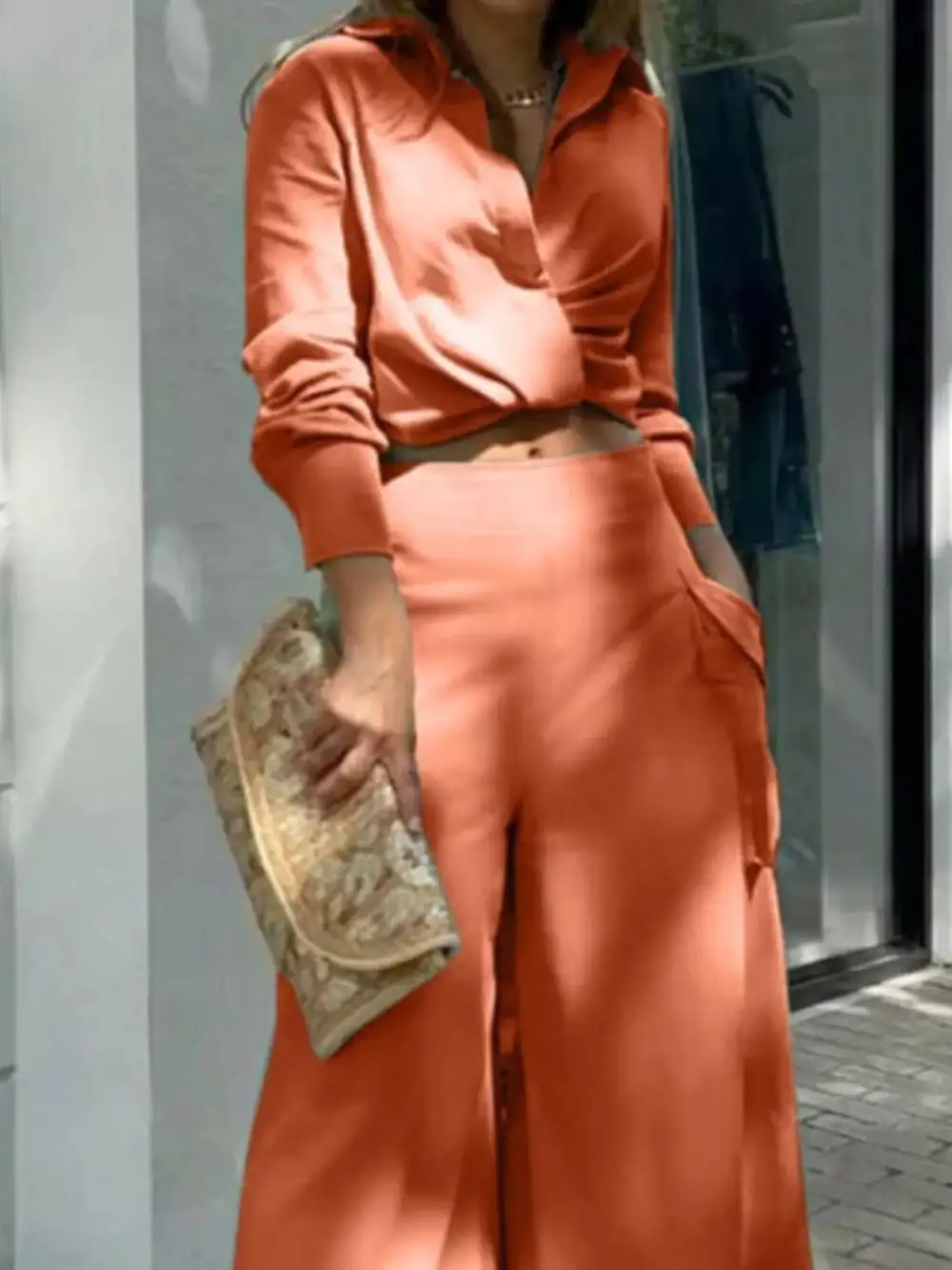Long Sleeve Shirt Wide Leg Pants Set